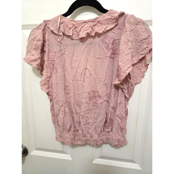 ASTR The Label Pink Embroidered Ruffle Wrap Top With Elastic Waist Womens Size S - Picture 3 of 10
